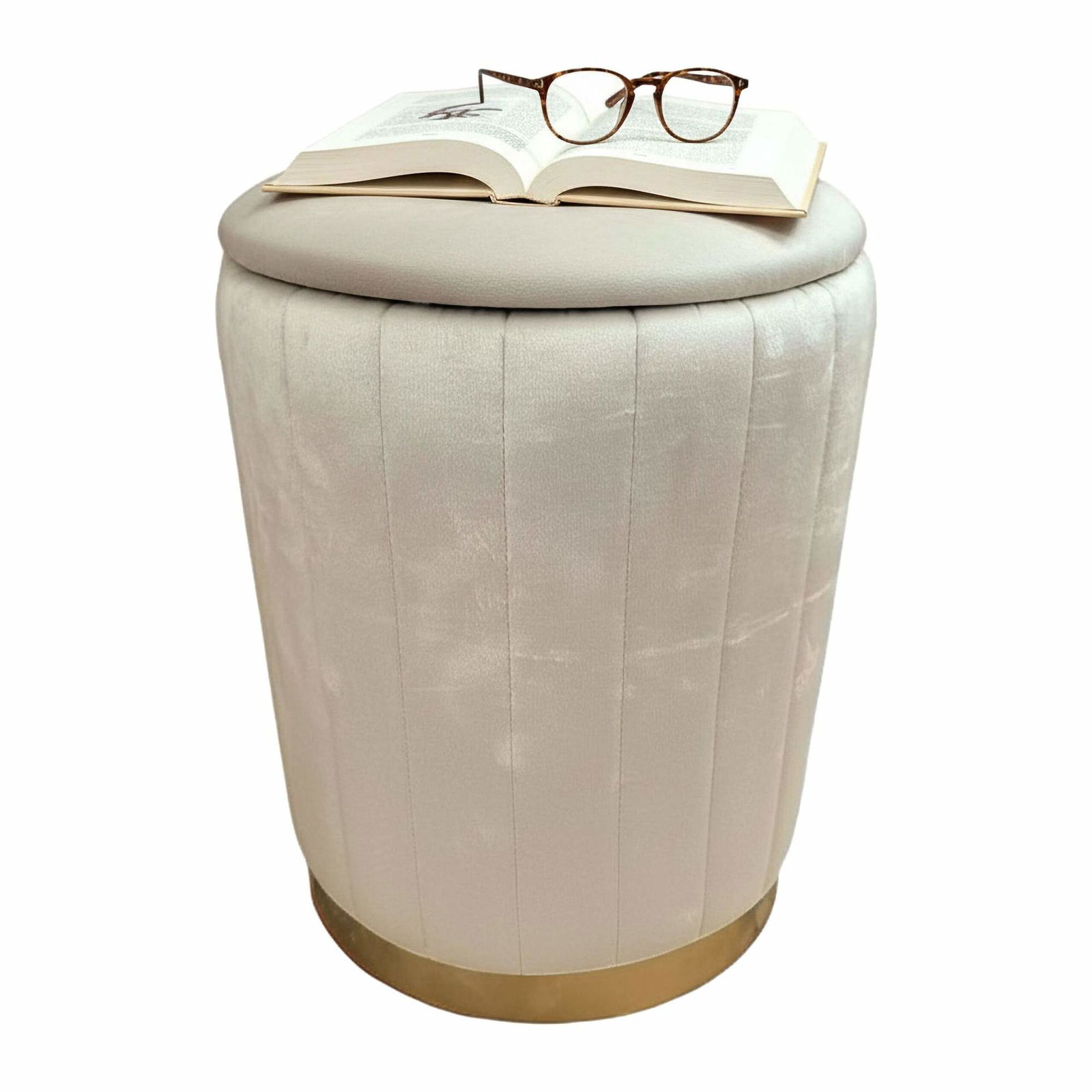 Fløjlsopbevaringsskammel med polstret sæde og guldfarvet base