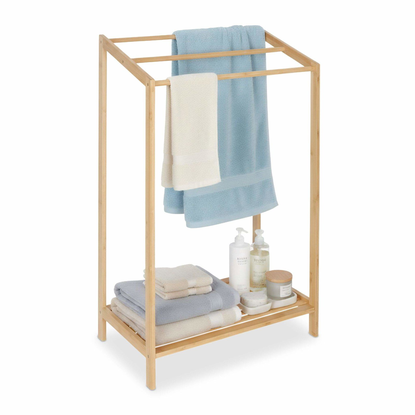 Handdukshängare i bambu med 3 stänger och hyllplan – Fuktbeständig | Hem & Hobby | Pryloteket