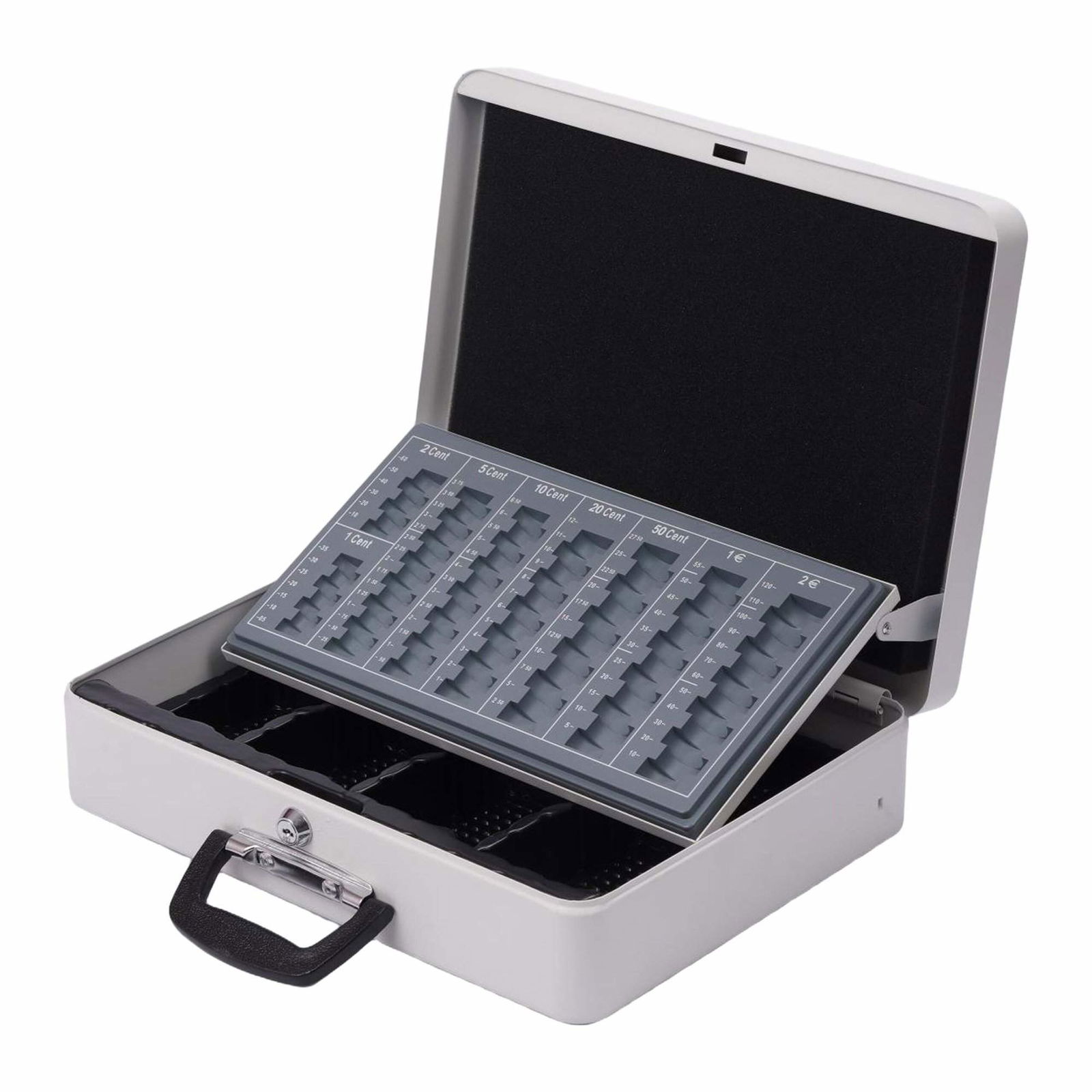 Låsbar pengekasse med aftagelig indsats – 8 møntrummer