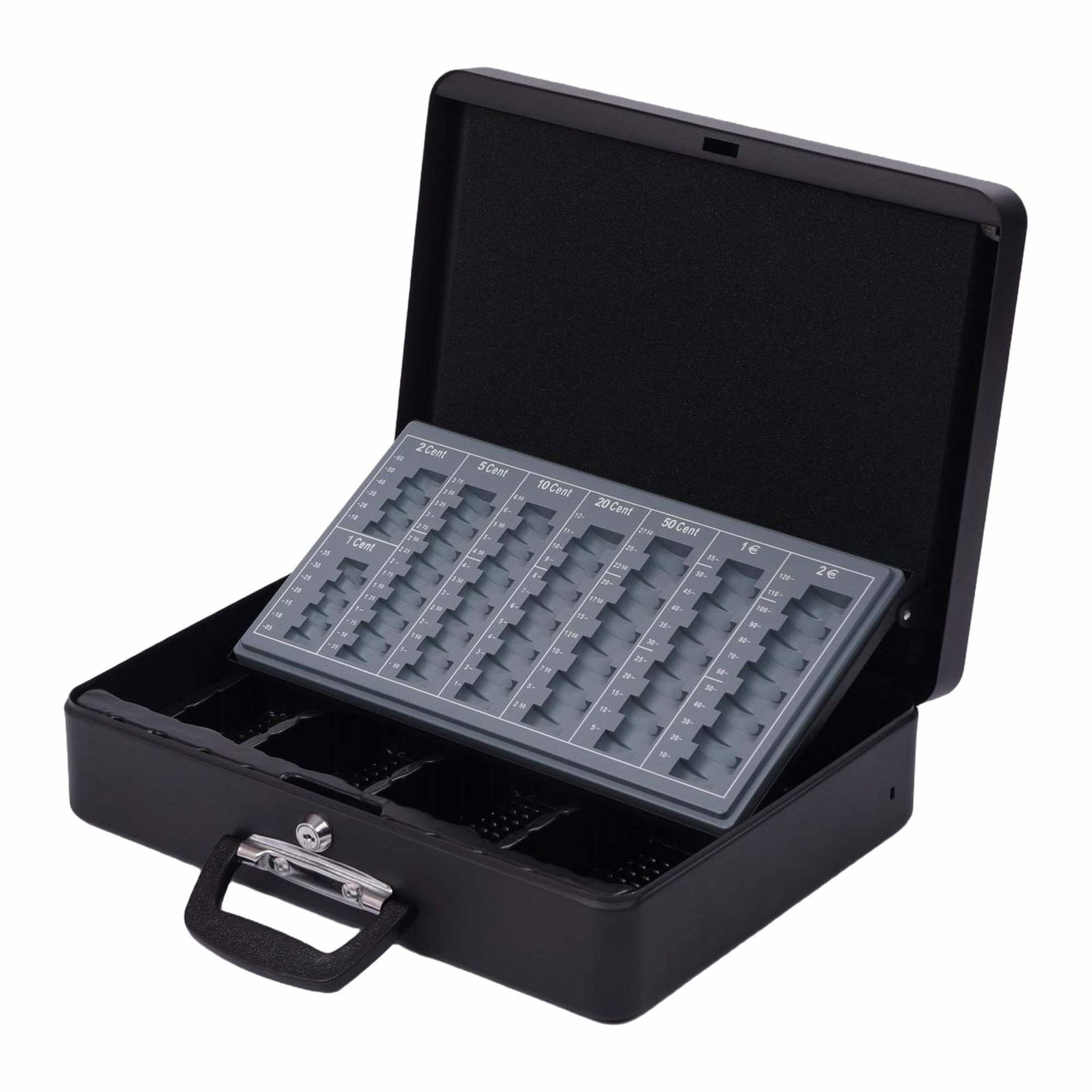 Låsbar jernkasse med aftagelig indsats og håndtag