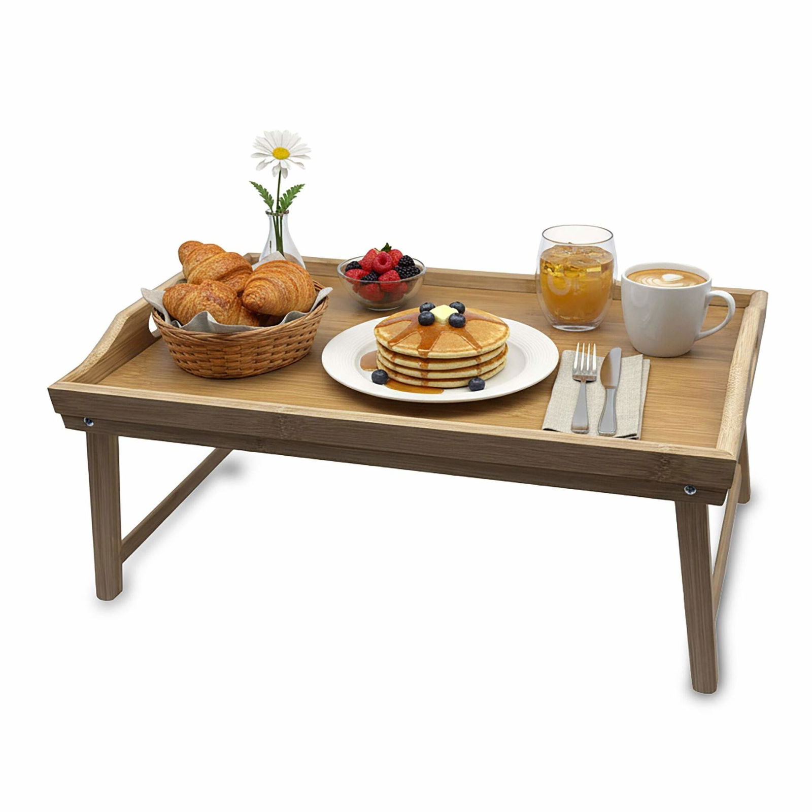 Bambus sengebakke med foldbare ben og sidehåndtag