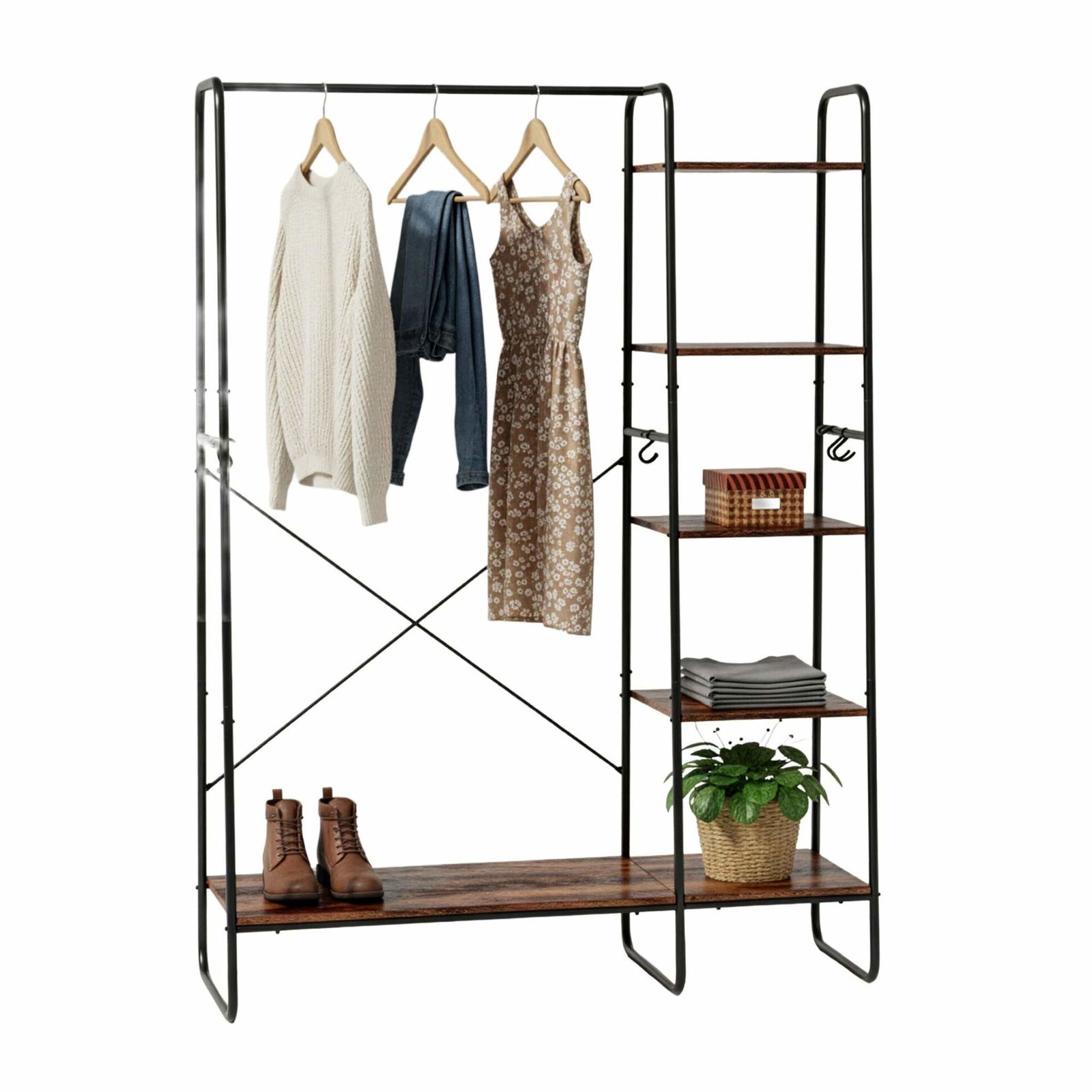 Knagerække med skohylde – Metalramme, hylder i trælook