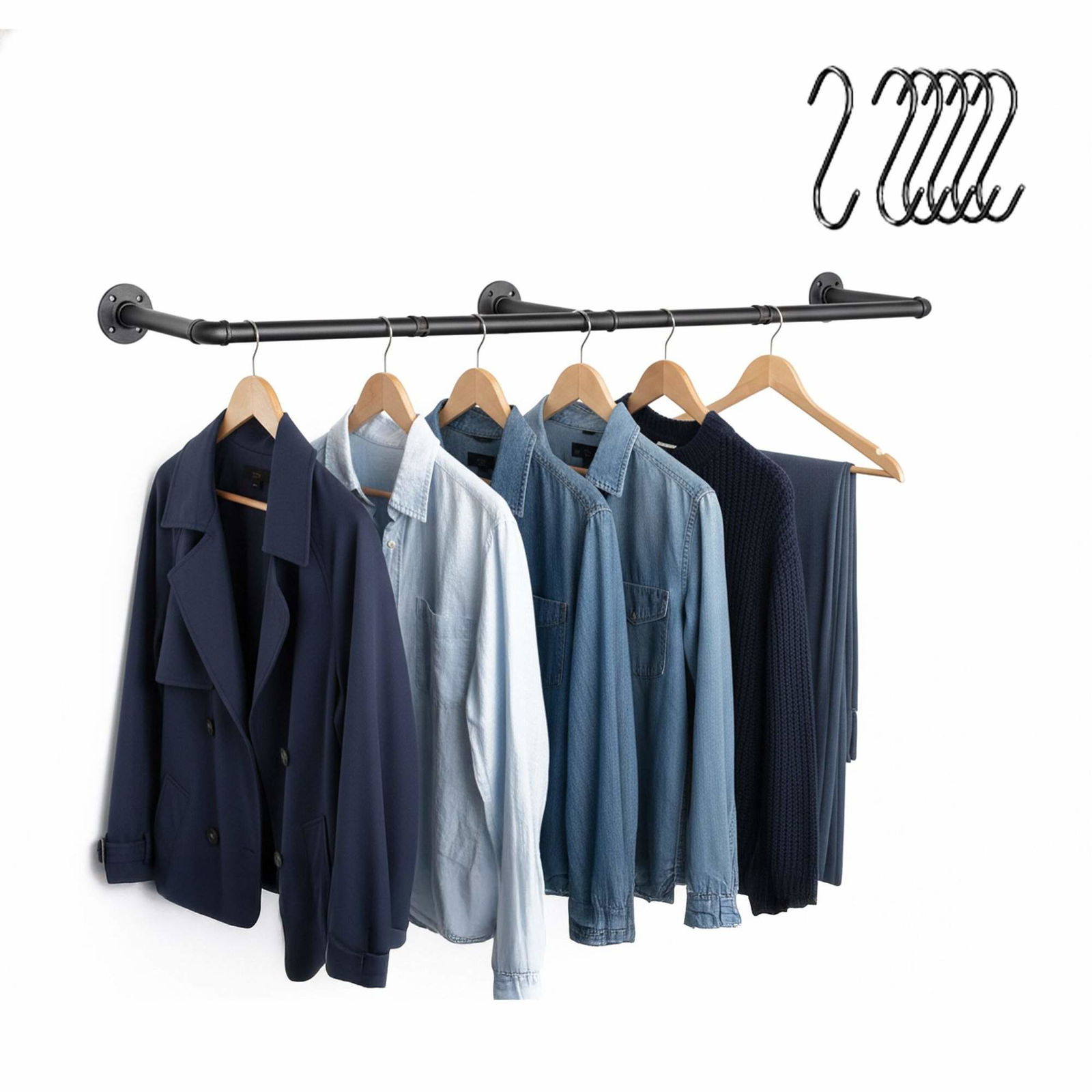 Vægmonteret industriel tøjstang med S-kroge