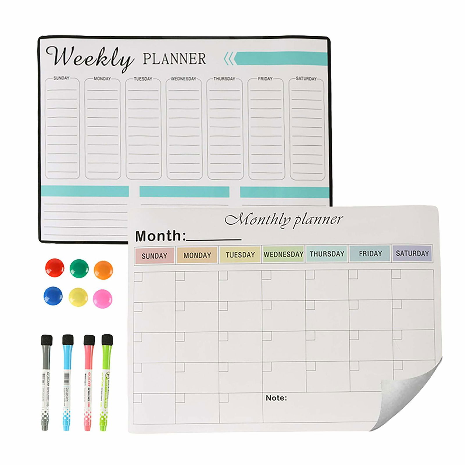 Magnetisk køleskabsplanlæggersæt – ugentligt og månedligt, A3-størrelse