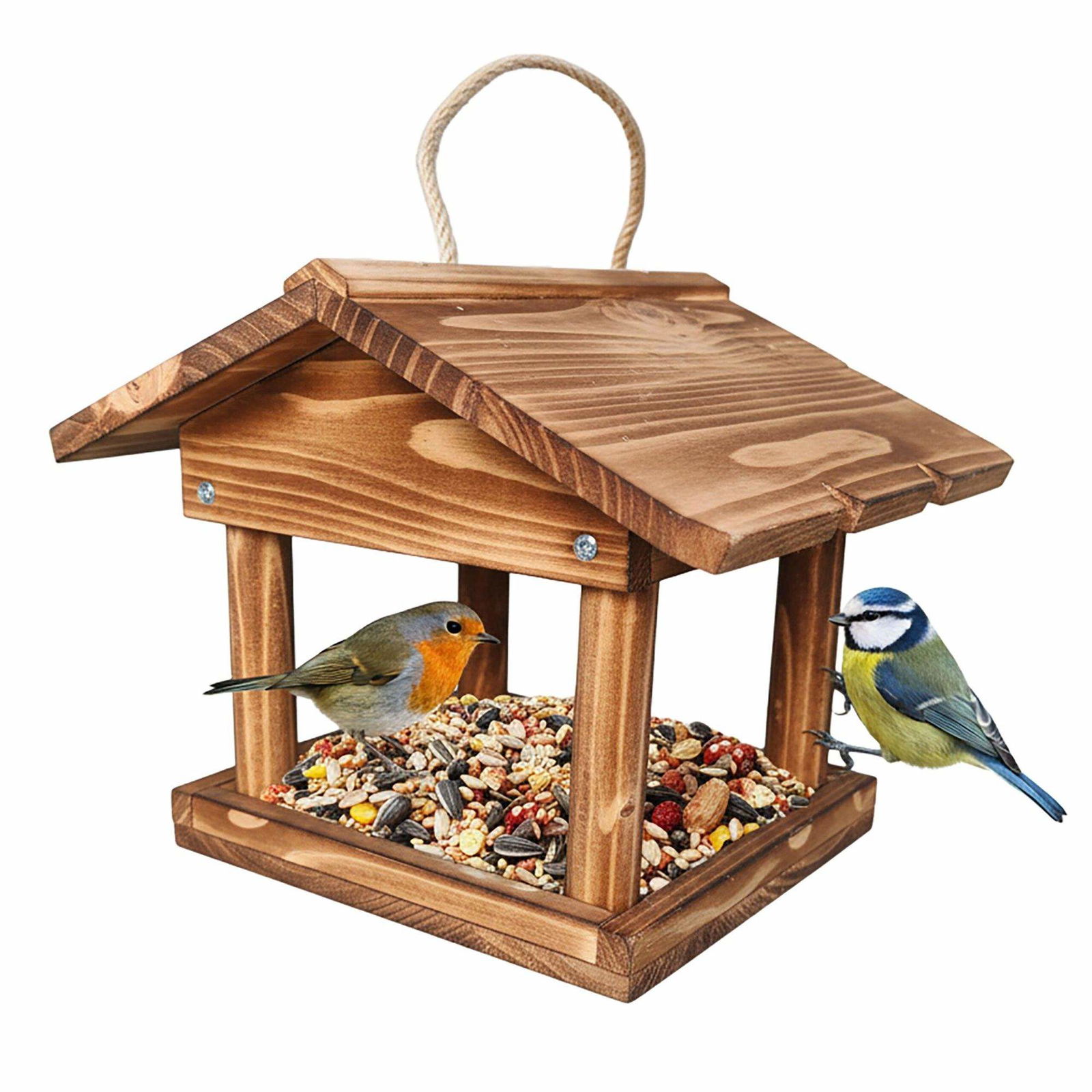 Hængende fuglefoderautomat i træ – Nem at rengøre, åbent design