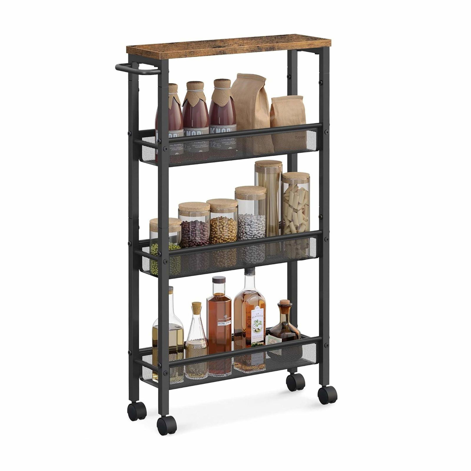 Slank 4-lags køkkenvogn – Metal- og trælook finish