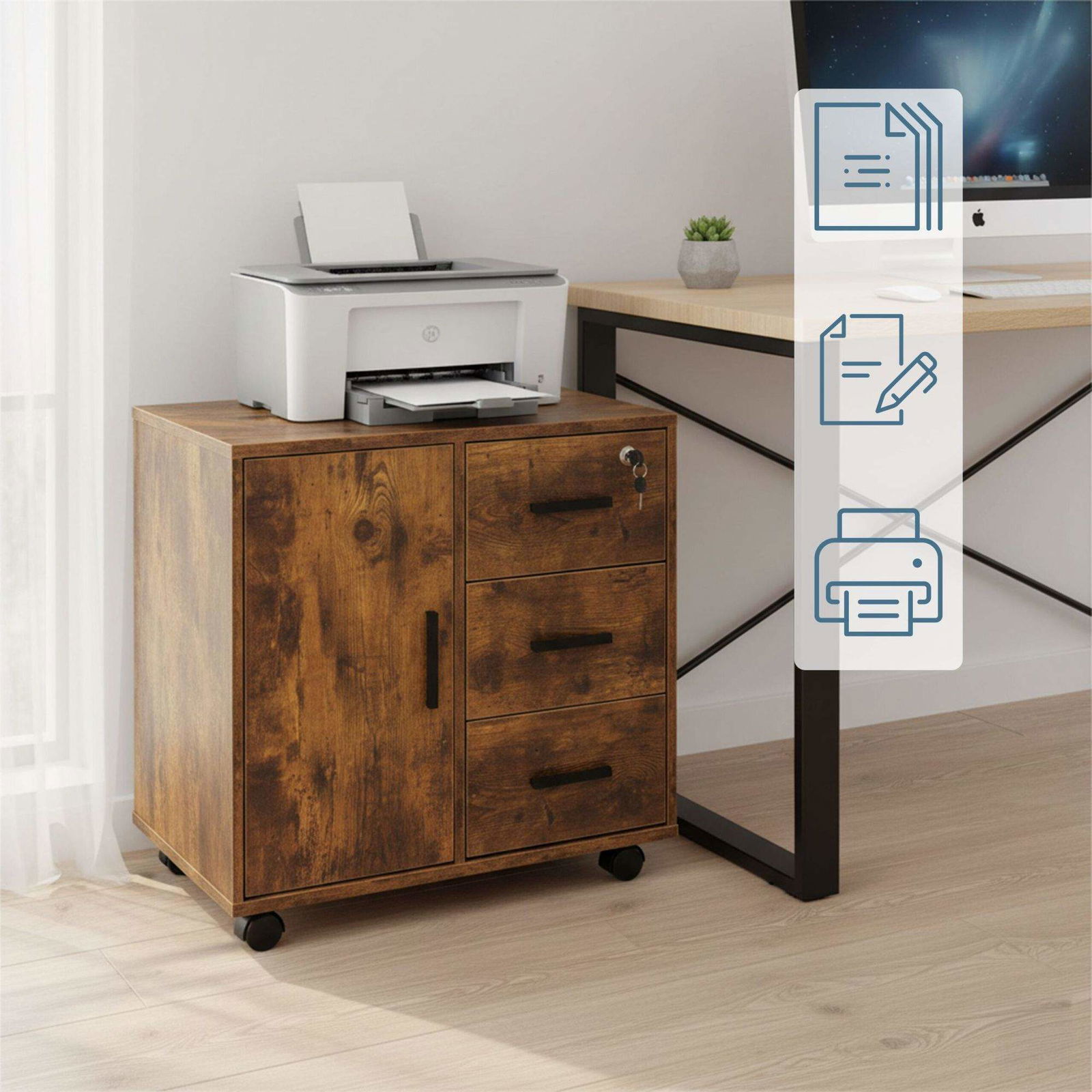 Låsbar skrivbordsvagn med 3 lådor och 2 fack | Hem & Hobby | Pryloteket