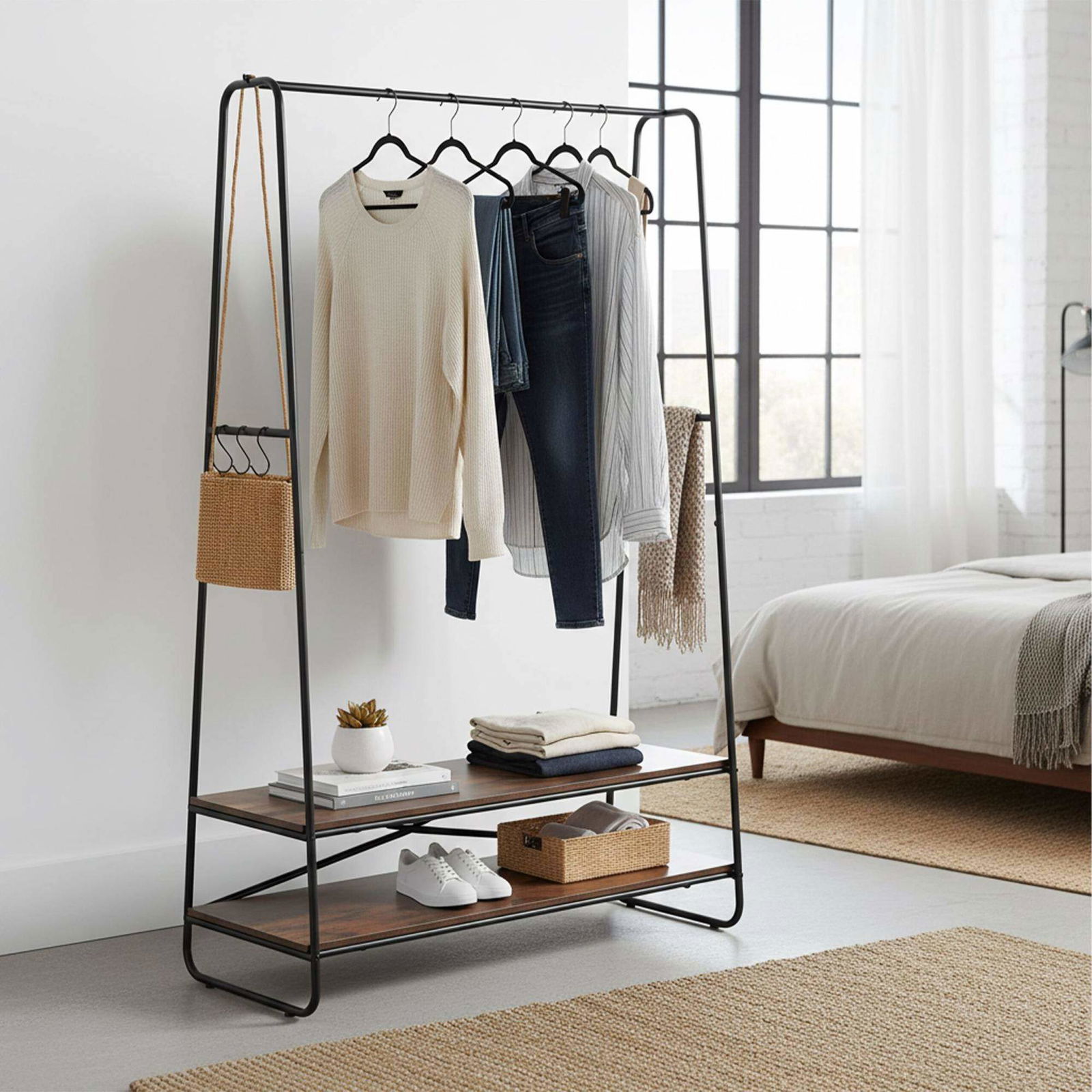 Knagerække med hylder – metalramme, trælook