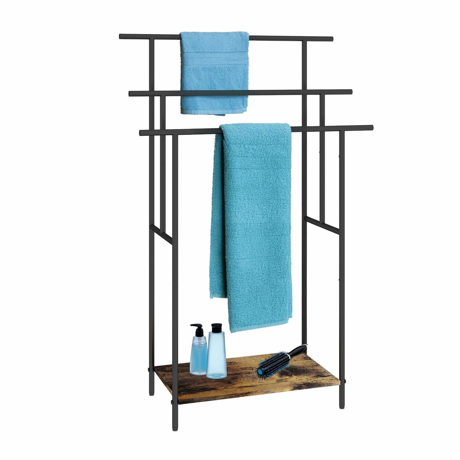 Industrielt håndklædestativ med hylde – sort metal og træ