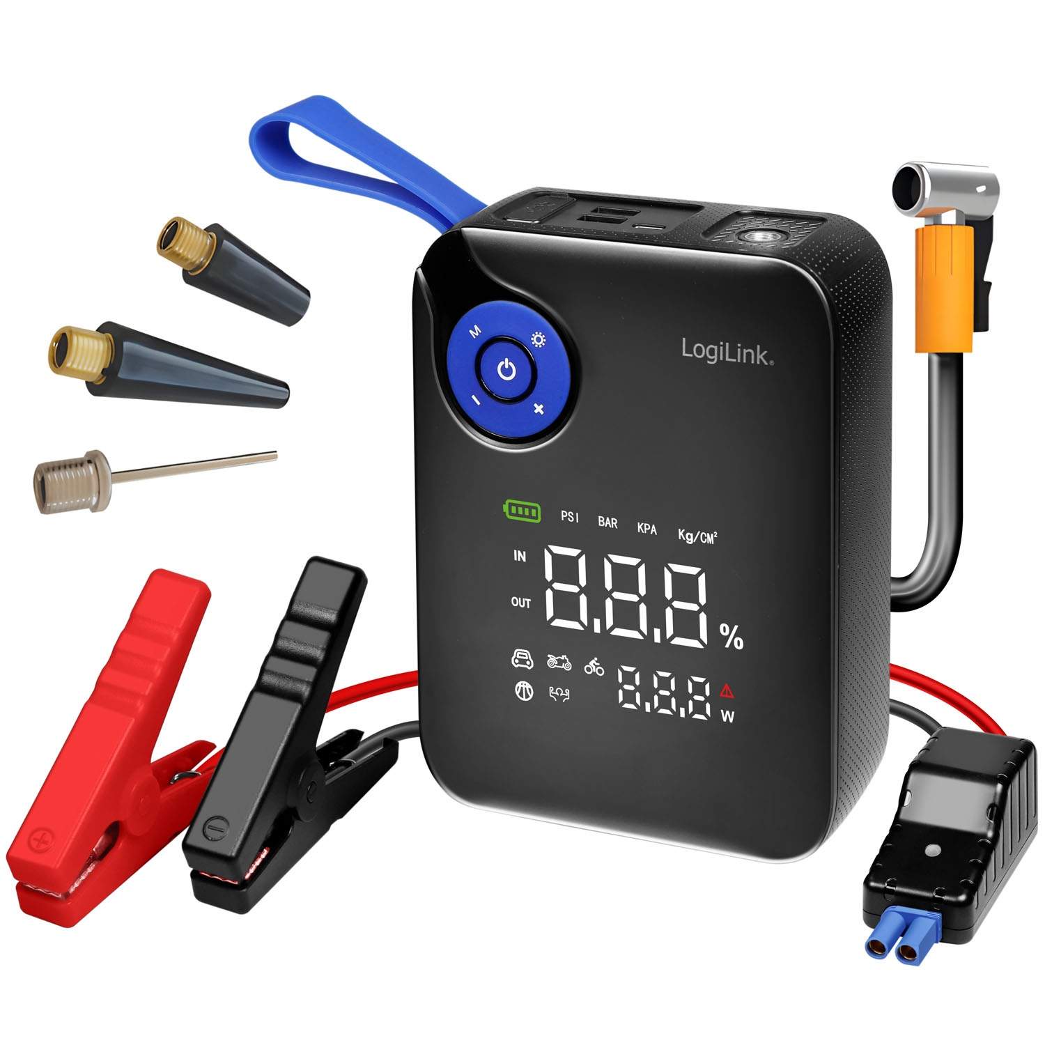 Bærbar 4-i-1 jumpstarter med luftkompressor