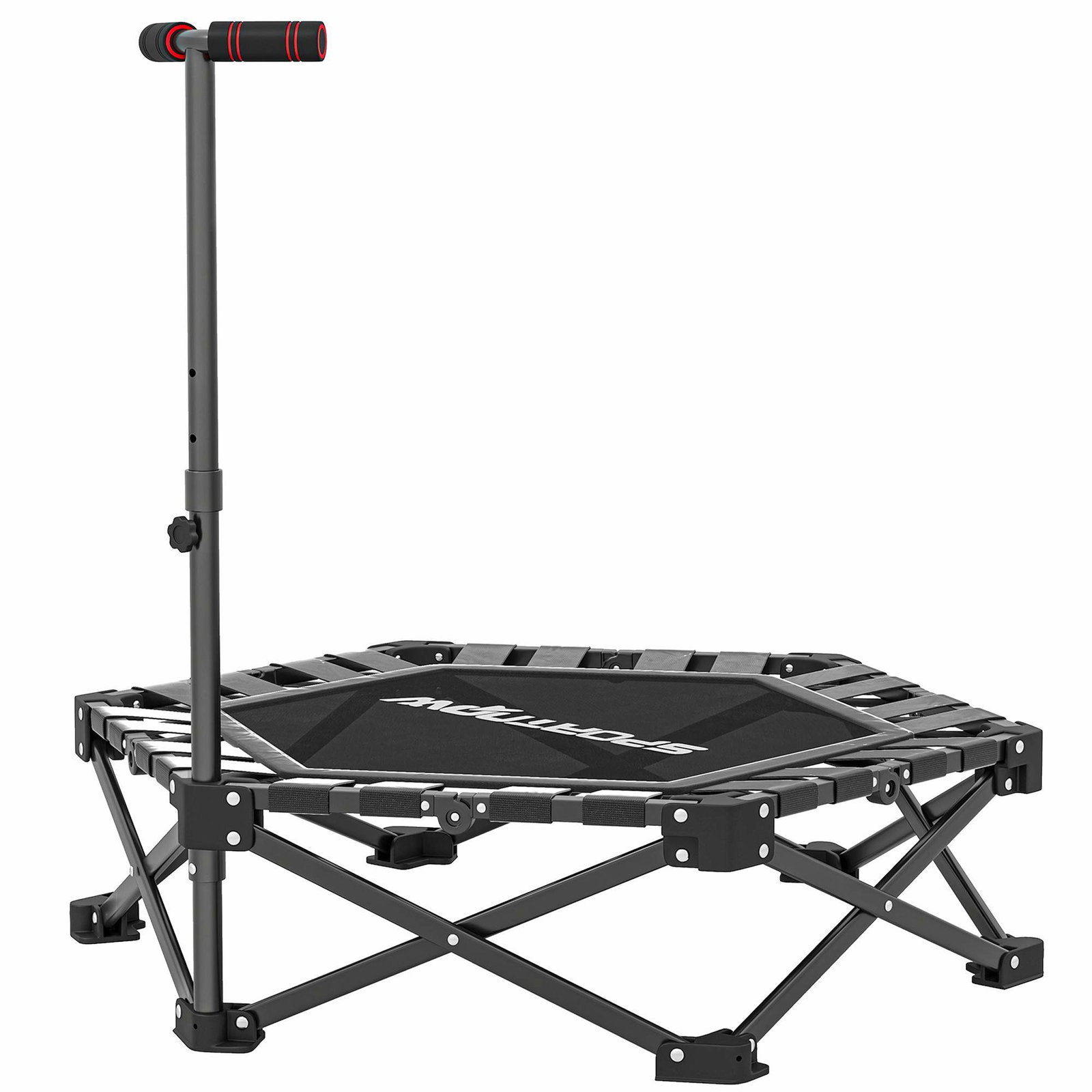Sammenklappelig fitnesstrampolin med justerbar T-stang, 120 kg kapacitet