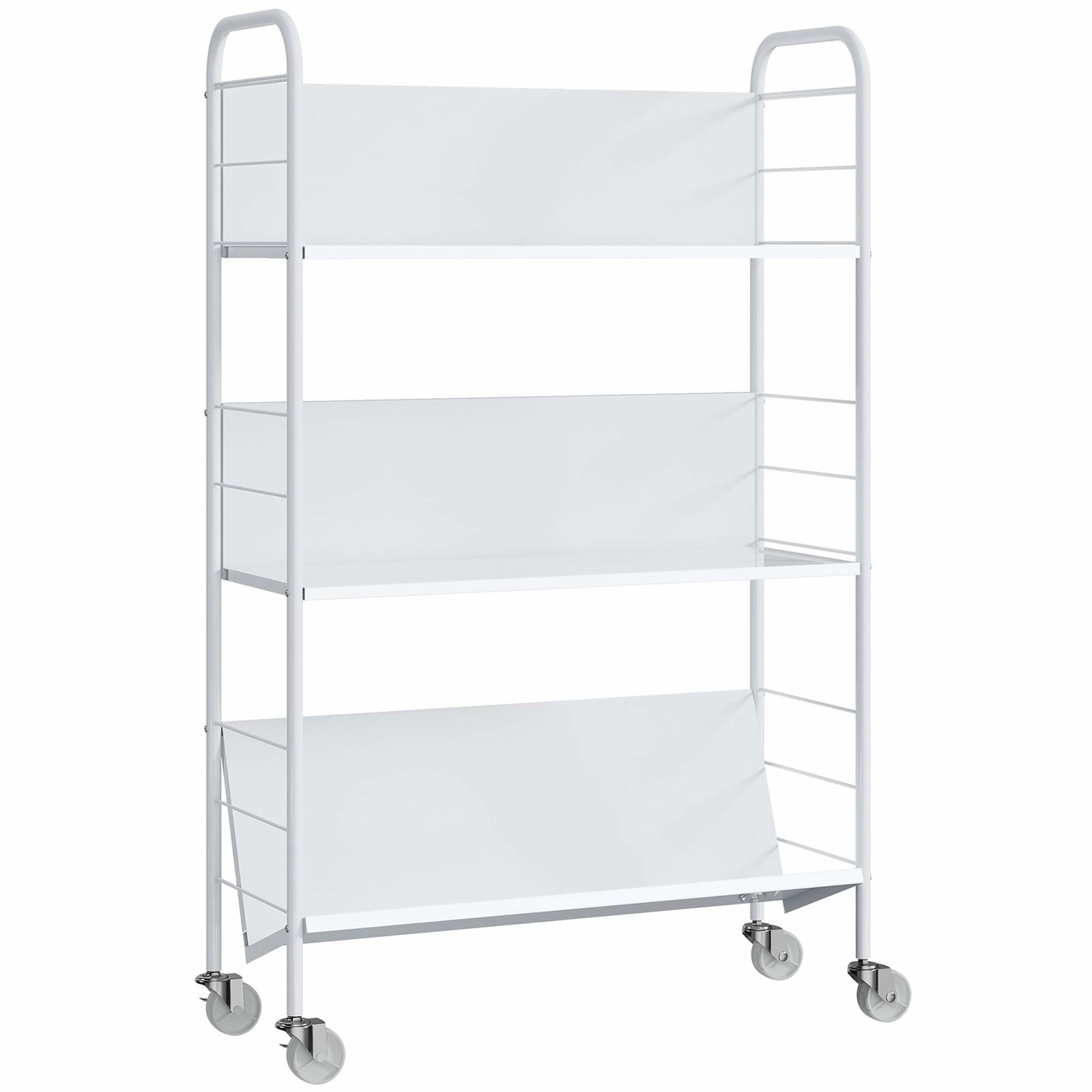 Rullende metalreol – 3 niveauer, hvid, pladsbesparende design