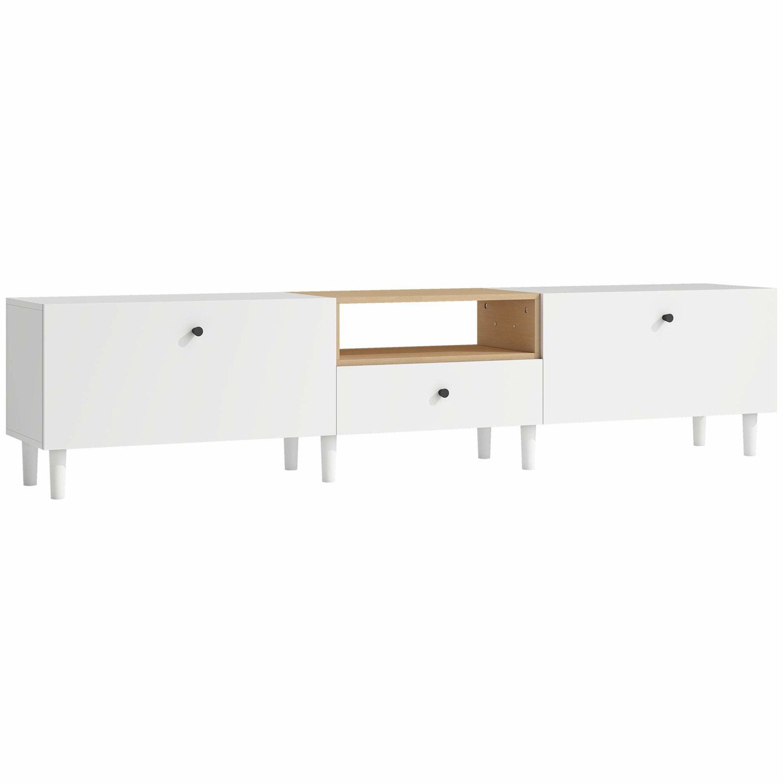 TV-taso 90-tuumaiselle televisiolle, 200 cm, valkoinen, säilytyshyllyt