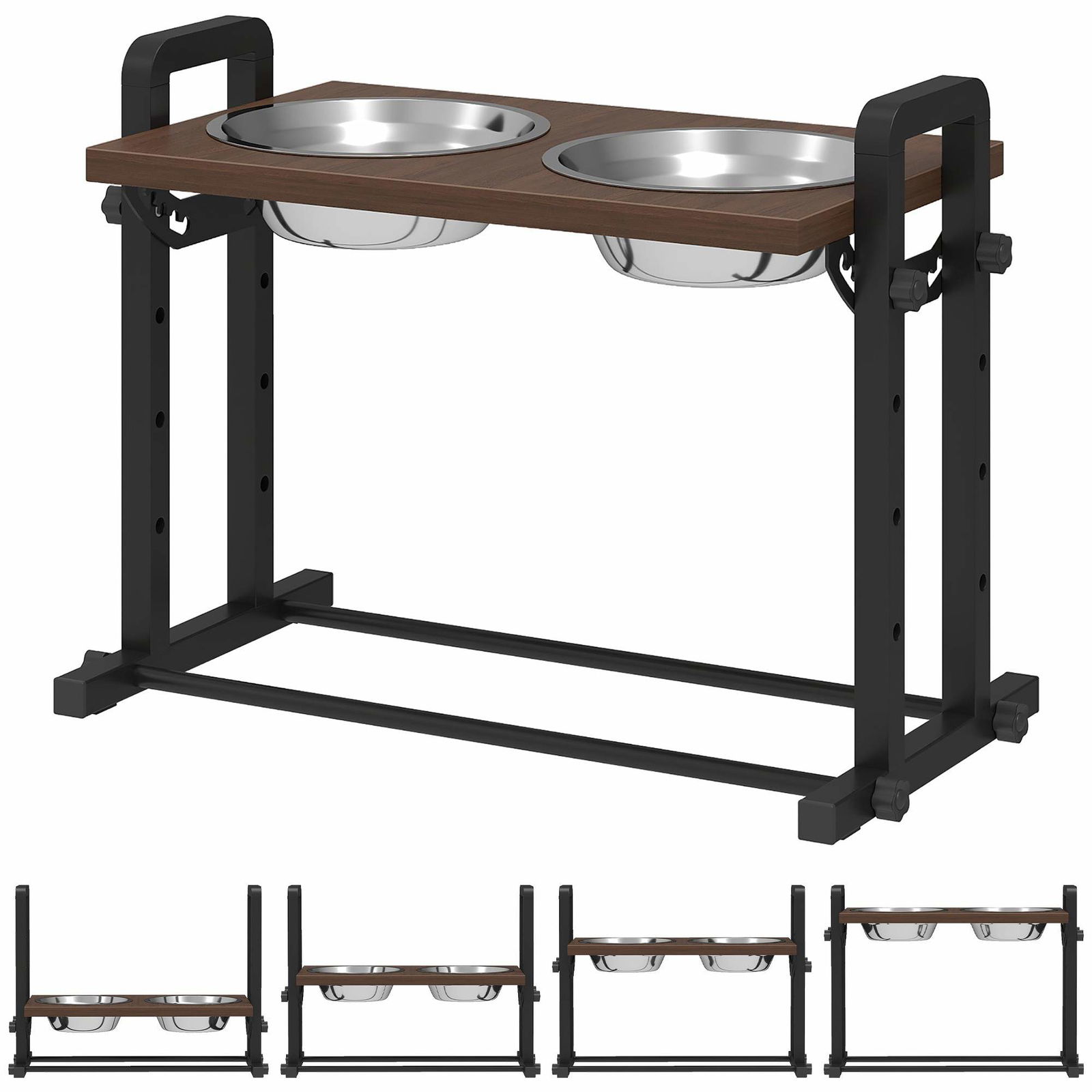 Justerbar, hævet hundeskålsstativ – 4 højder, 2 skåle i rustfrit stål