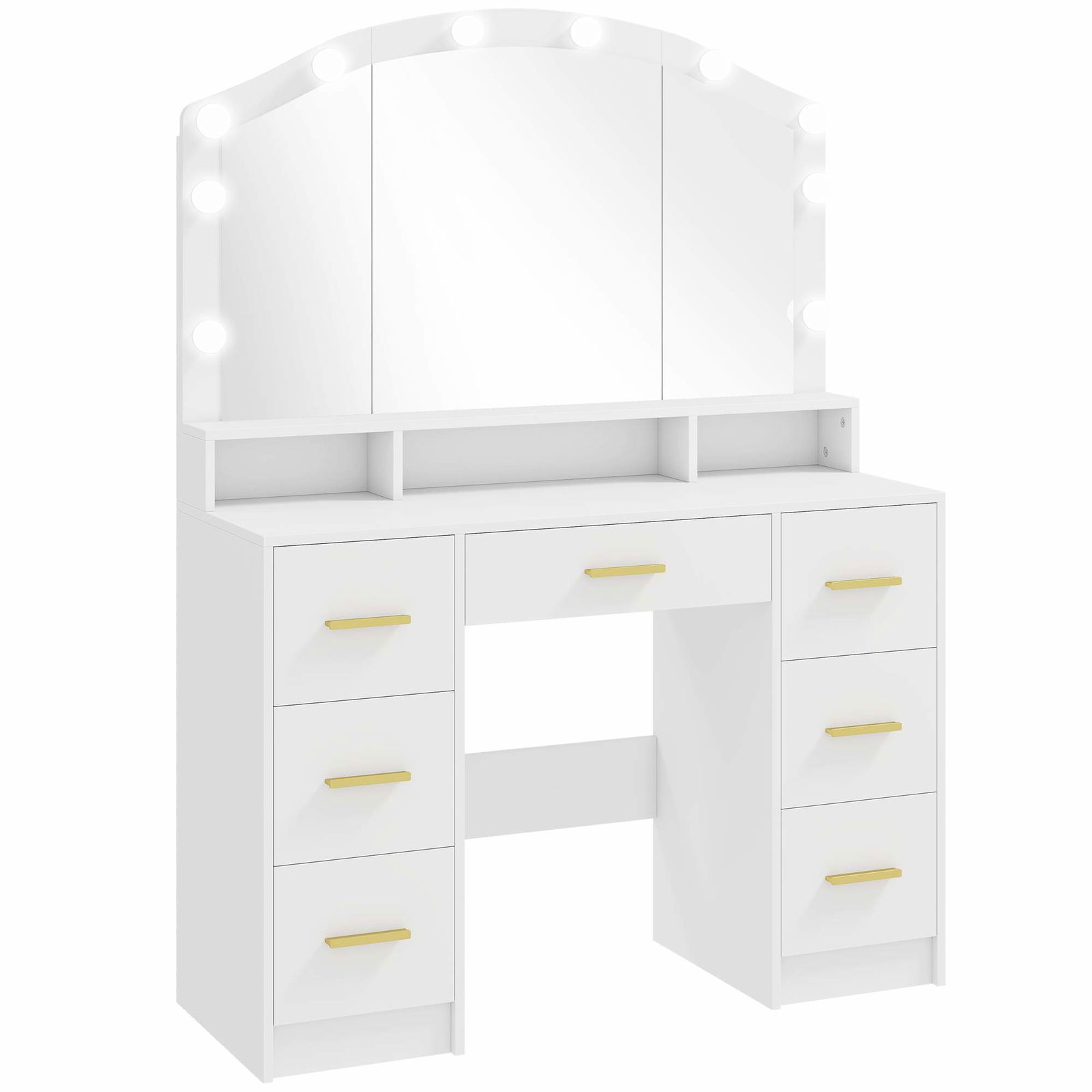 Hvidt sminkebord med spejl, 10 LED-lys, 7 skuffer