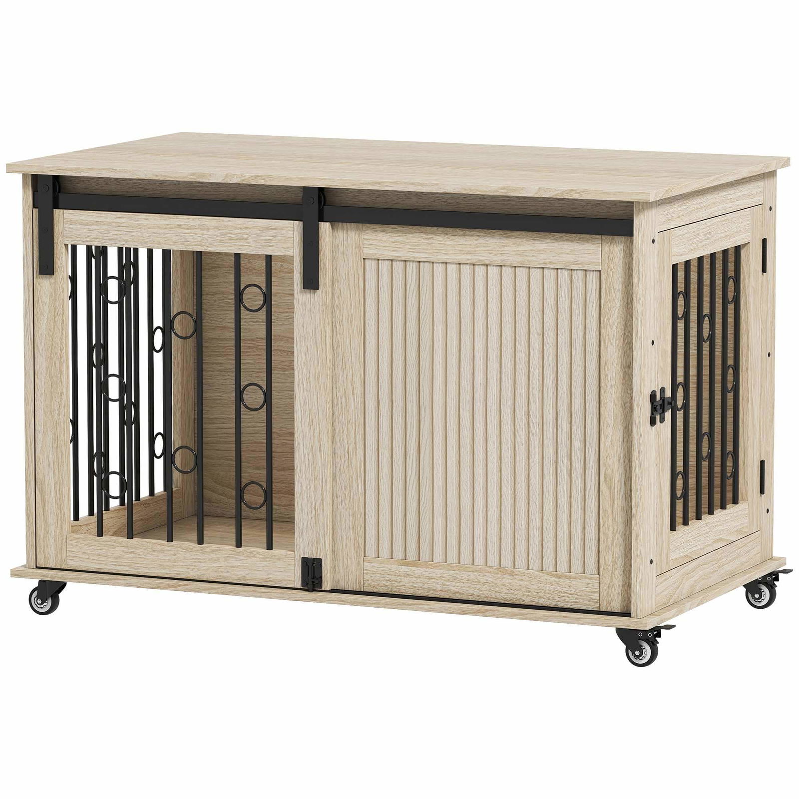 Hundebur på hjul – skydedøre, træ og stål, 100x56x65 cm