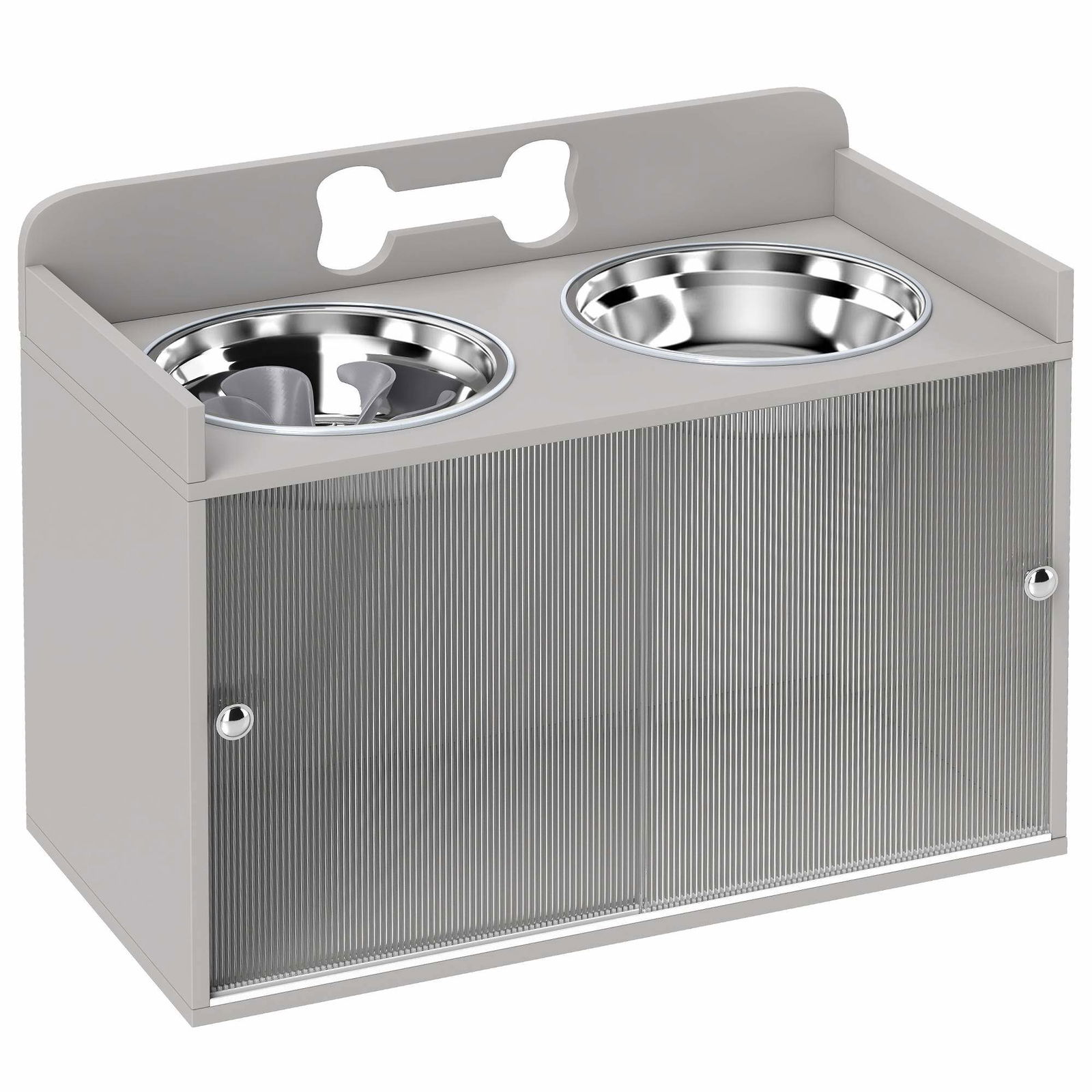 Forhøjet foderstation til hunde med opbevaring, grå MDF og stål