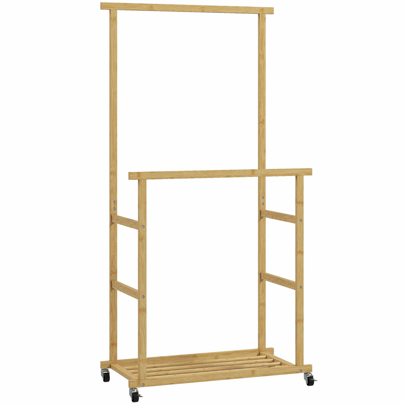 Bambus tøjstativ med hjul – dobbelte stænger og skohylde