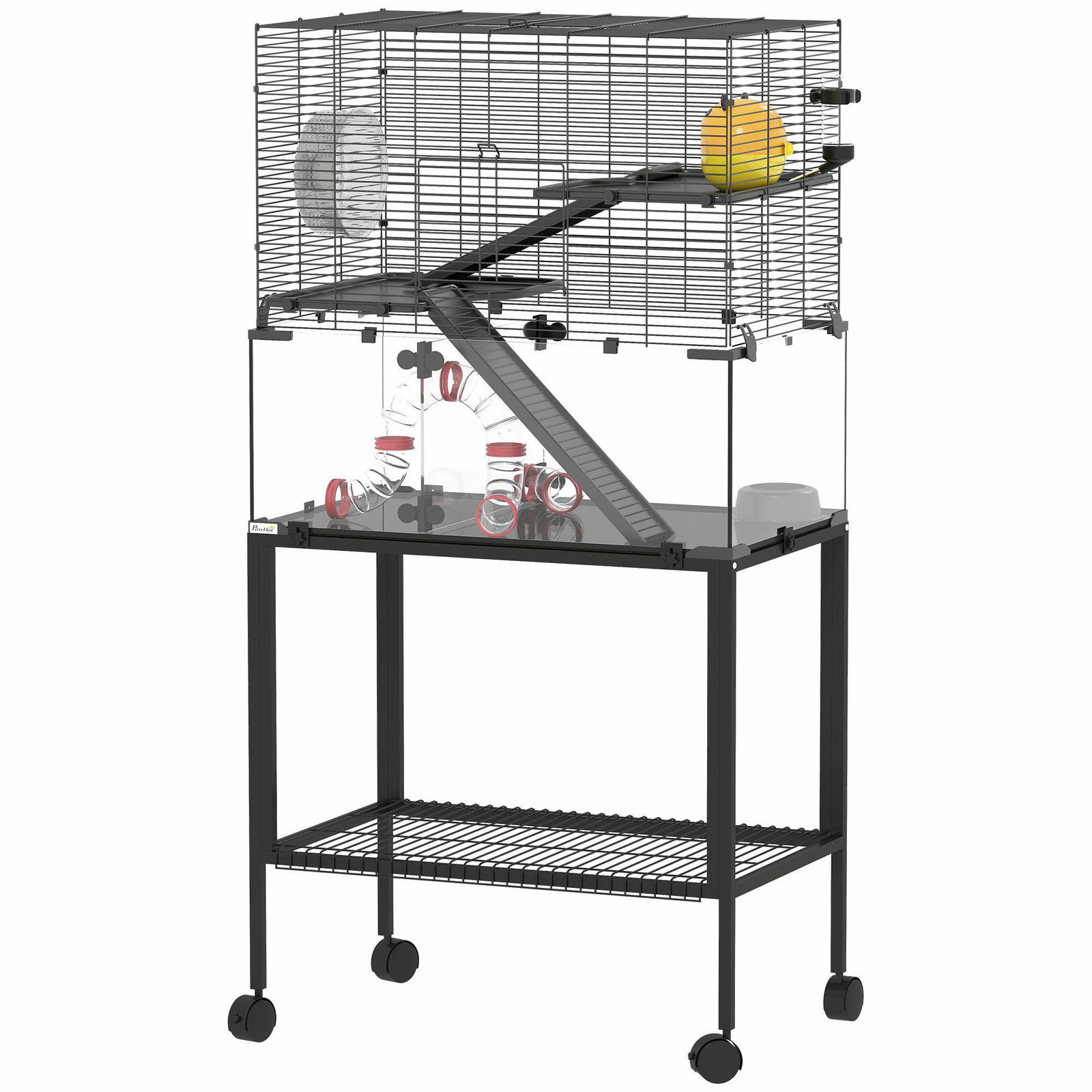 Hamsterbur i tre niveauer med hjul og tilbehør
