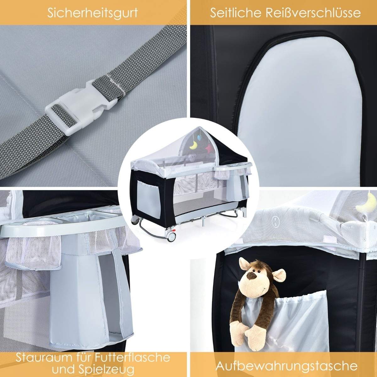 Bærbar rejseseng til baby – 2 niveauer, netsider, tilbehør