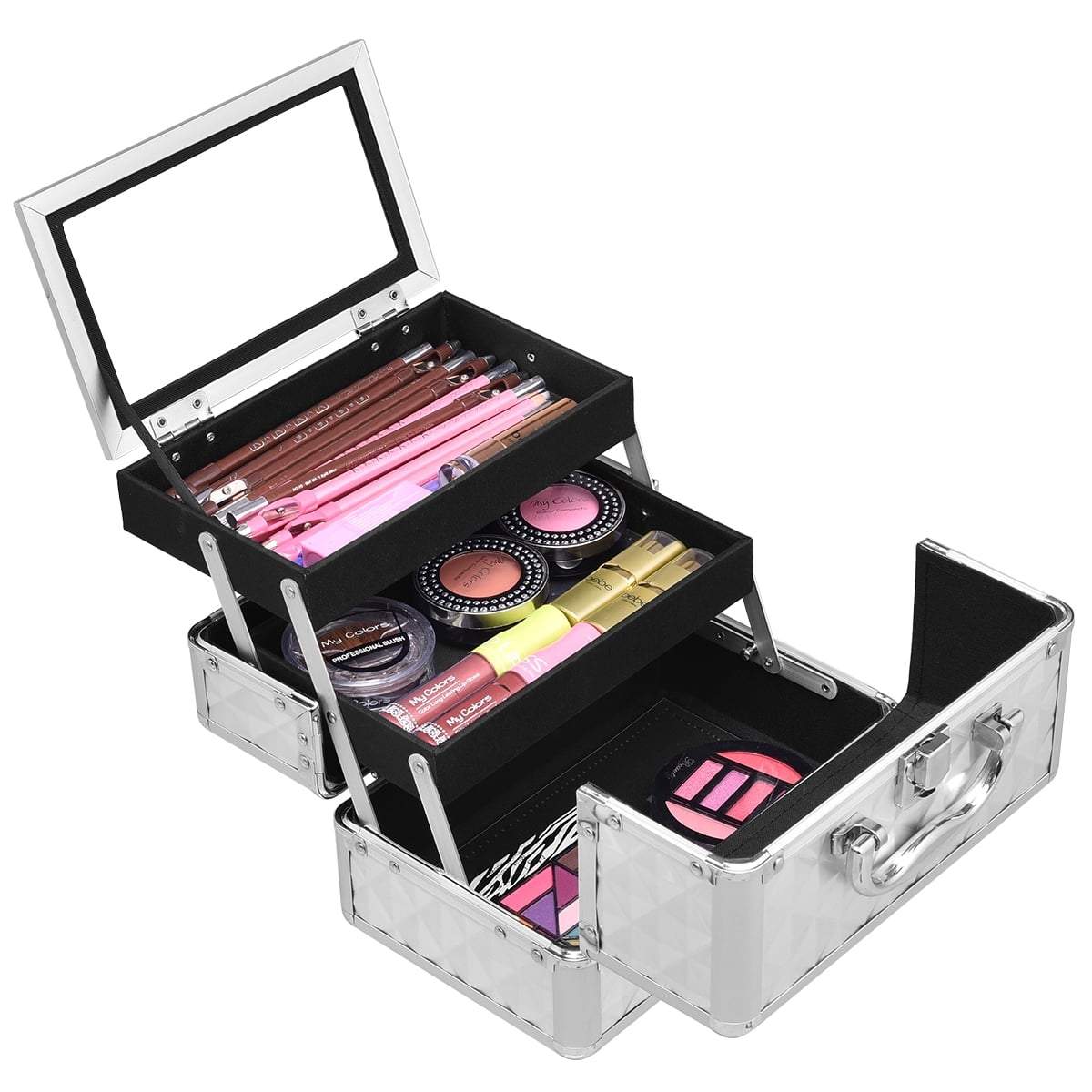 Sølvfarvet aluminium makeup- og smykkeetui med spejl