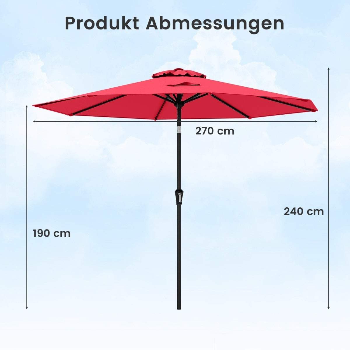 270 cm rød terrasseparasol – vipbar og drejelig, UV-beskyttelse