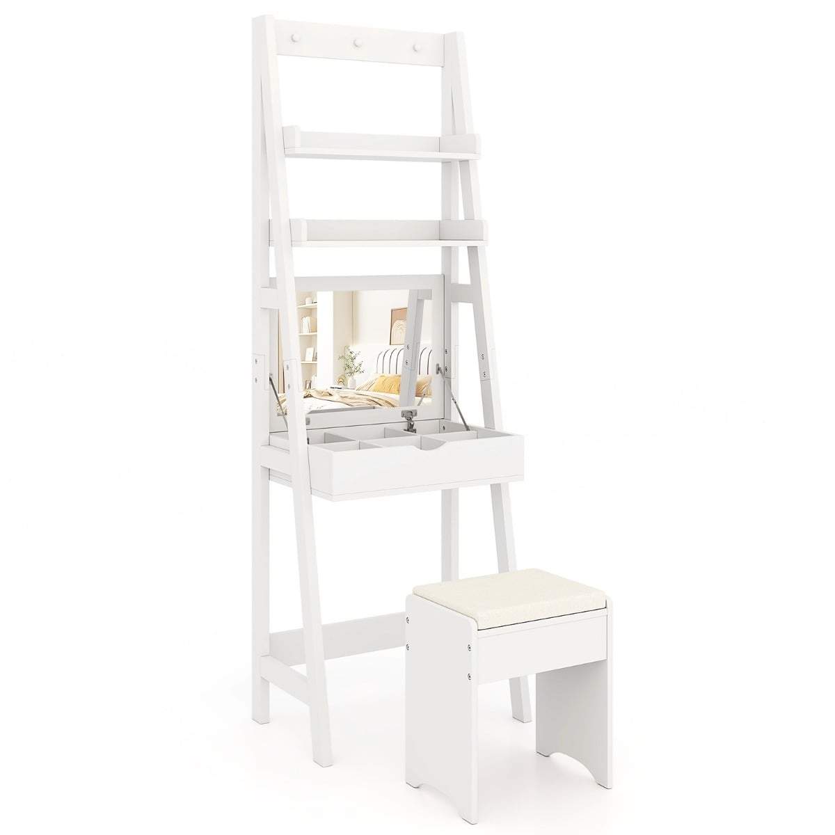 Sminkebord med foldbart spejl og skammel – pladsbesparende design