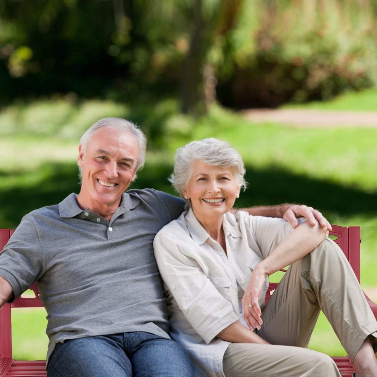 Röd trädgårdsbänk – gjutjärn, ergonomisk design | Hem & Hobby | Pryloteket