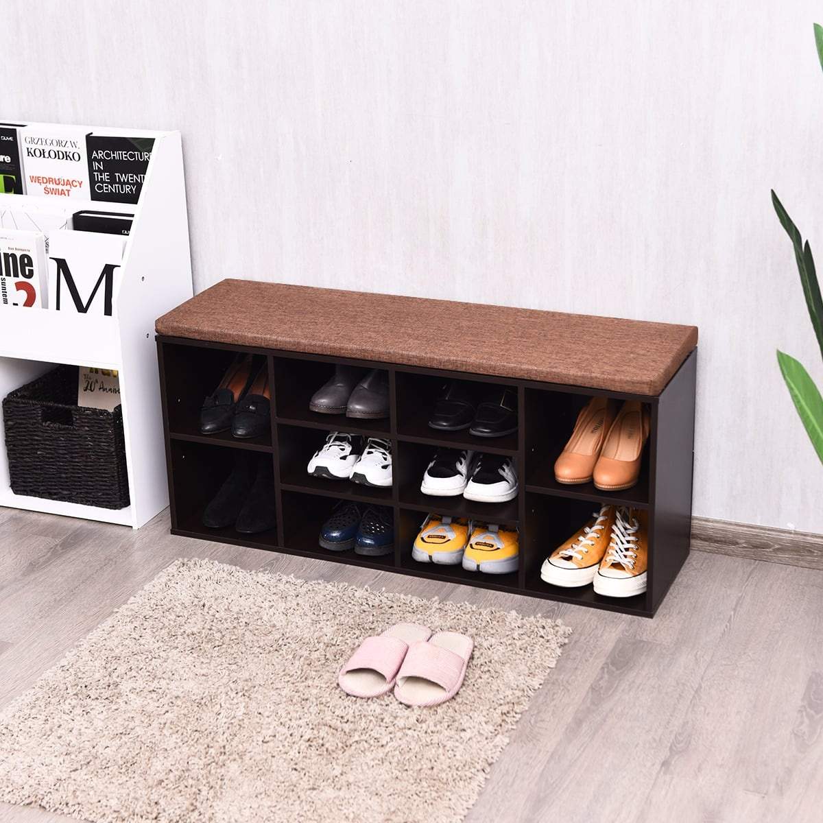 Skobänk med dyna – justerbara hyllplan, brunt trä | Hem & Hobby | Pryloteket