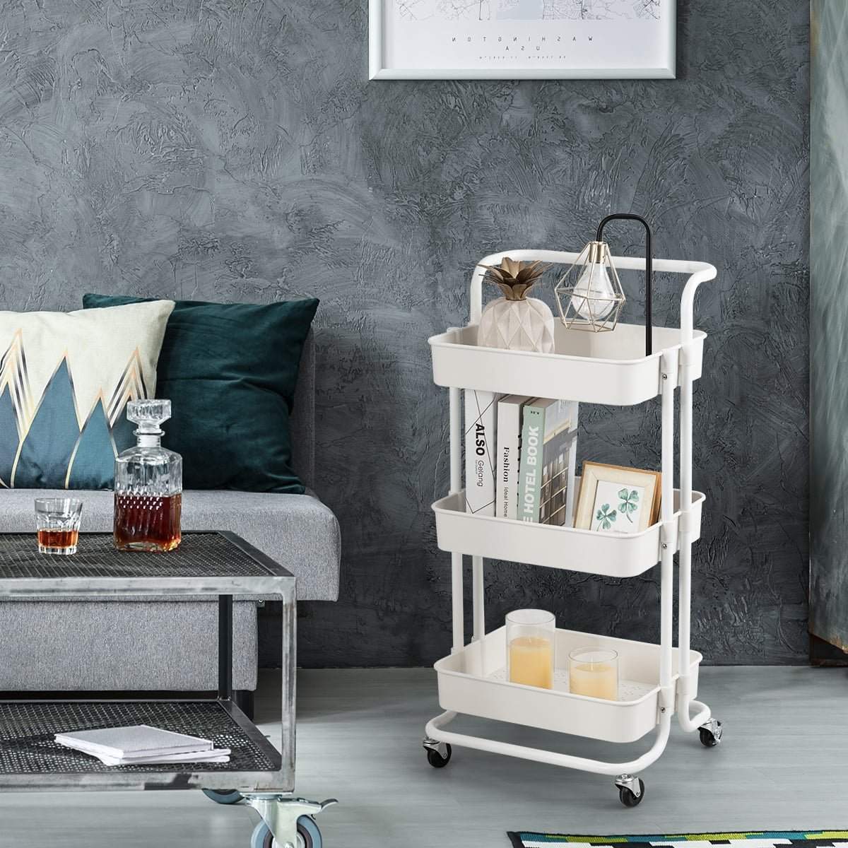 Metallvagn med 3 våningar – svart/vit, 60 kg kapacitet | Hem & Hobby | Pryloteket