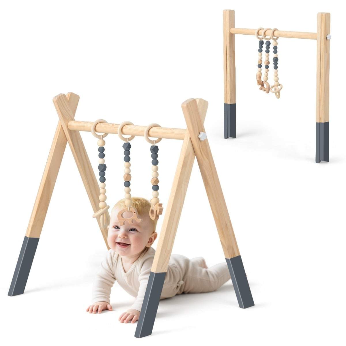 Træbabygym med hængende legetøj – miljøvenlig og foldbar