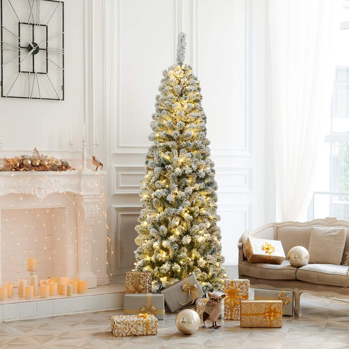 180 cm LED-blyantsjuletræ – Snehvidt, pladsbesparende design