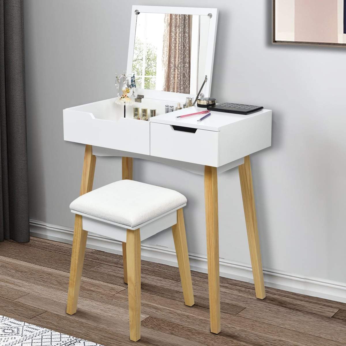 Sminkebord med spejl og skammel – hvidt, pladsbesparende design