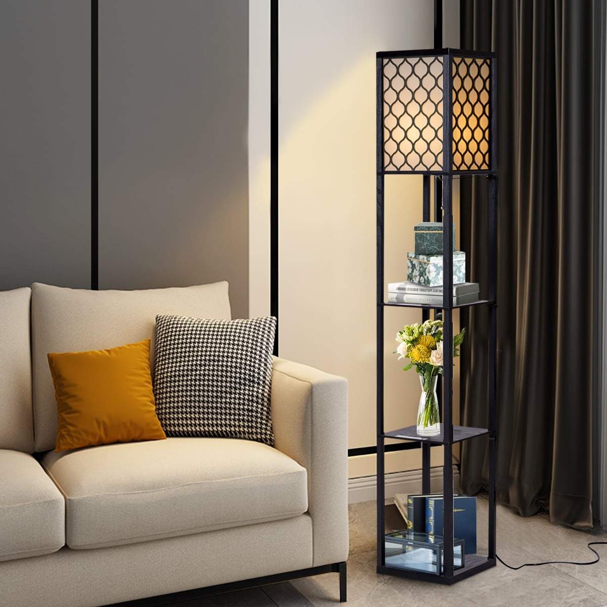 Golvlampa med hyllor – Modern svart trä, krämfärgad skärm | Hem & Hobby | Pryloteket