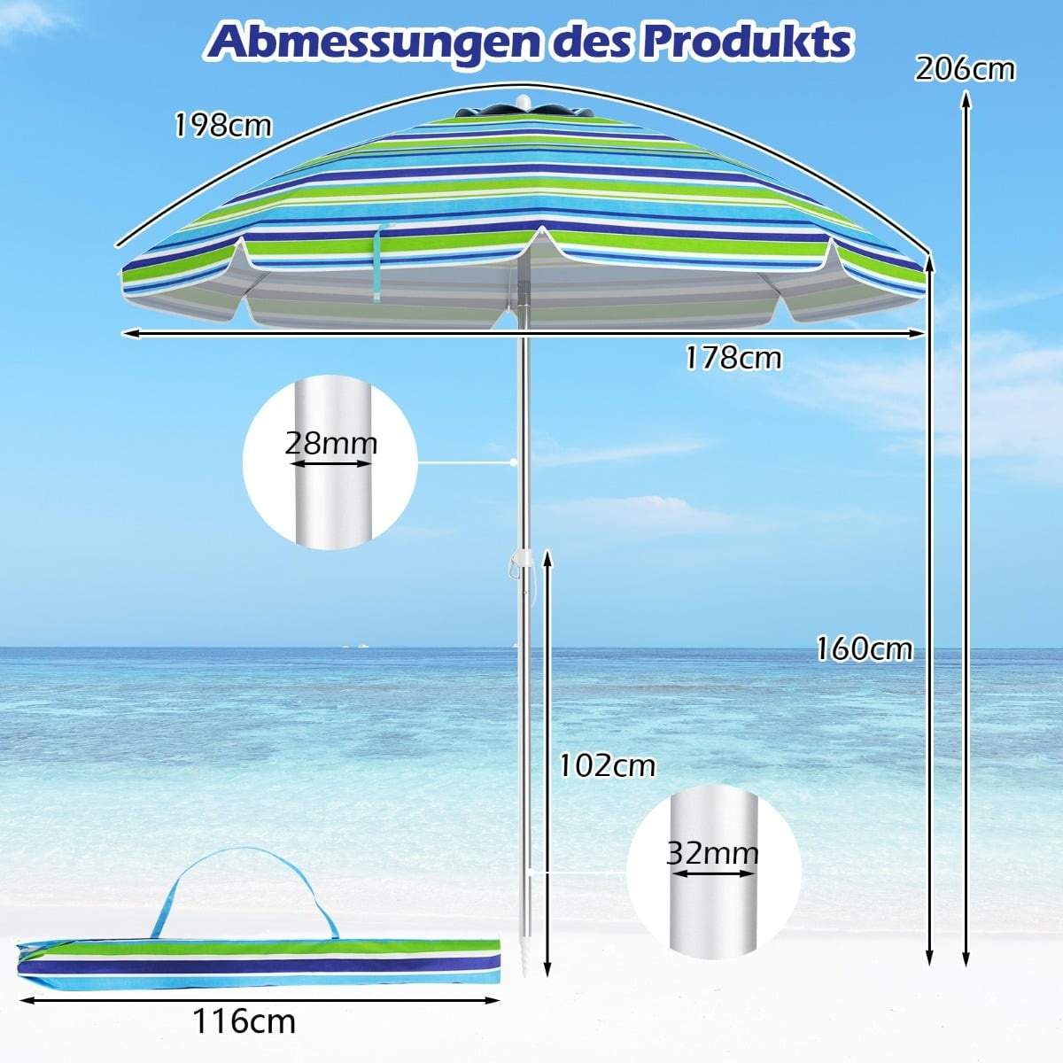 Bærbar strandparasol – Vipbar, Let, Blå & Grøn