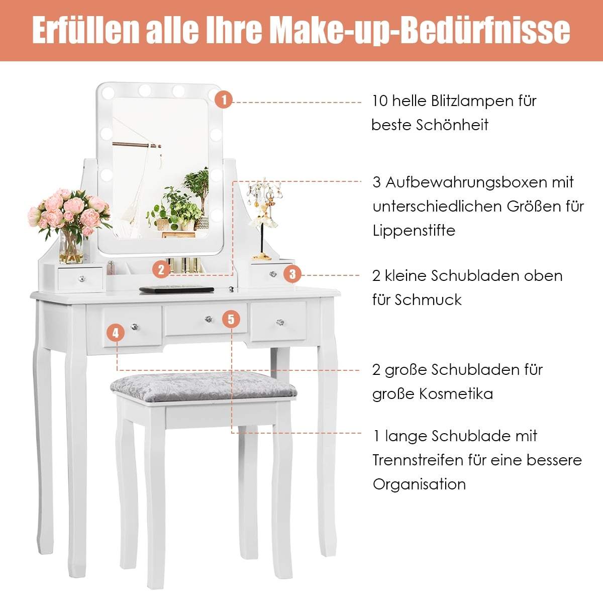 Kommodset med LED-spegel, pall och förvaring – Vit | Hem & Hobby | Pryloteket