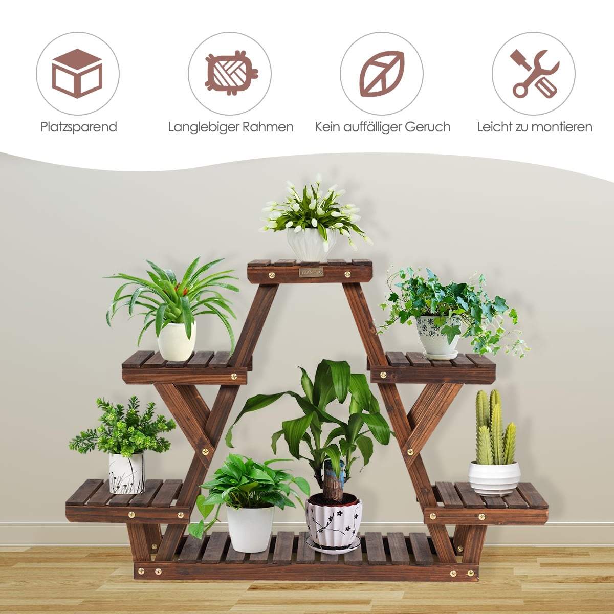 Træplantestativ – 6-lags trekantet hylde, brun