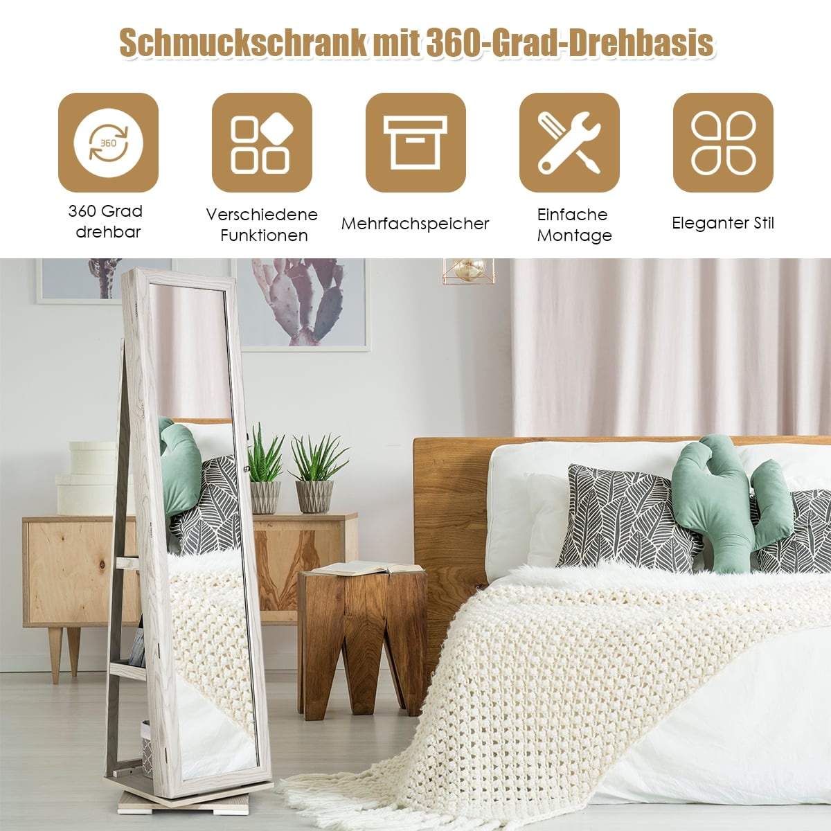 360 grader roterende smykkeskab med spejl – hvid, aflåselig