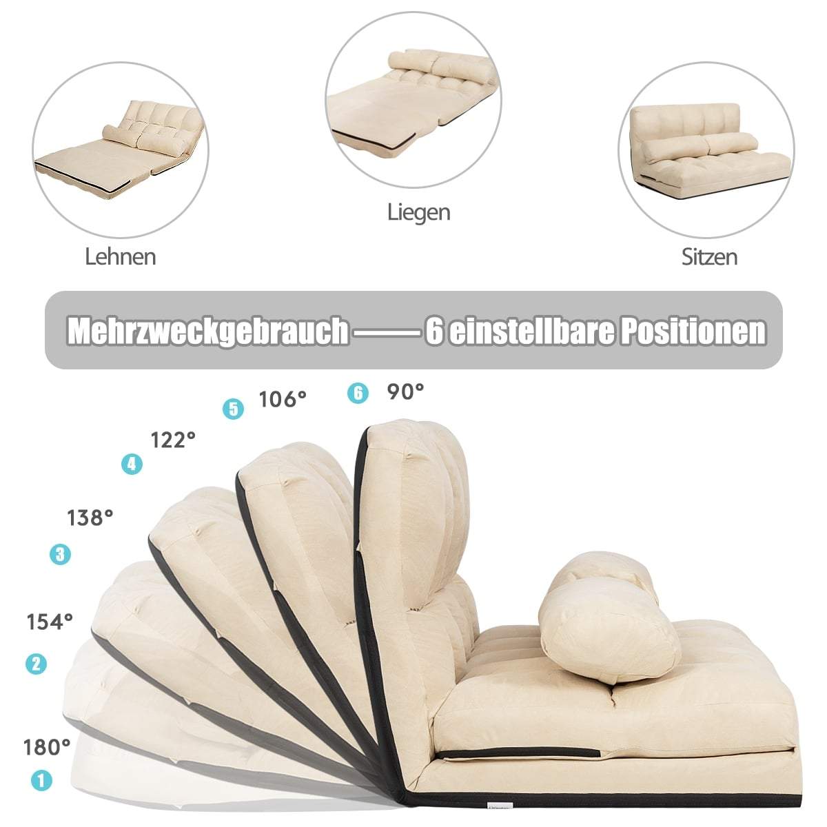 Konvertibel golvbäddsoffa, justerbart ryggstöd, beige | Hem & Hobby | Pryloteket