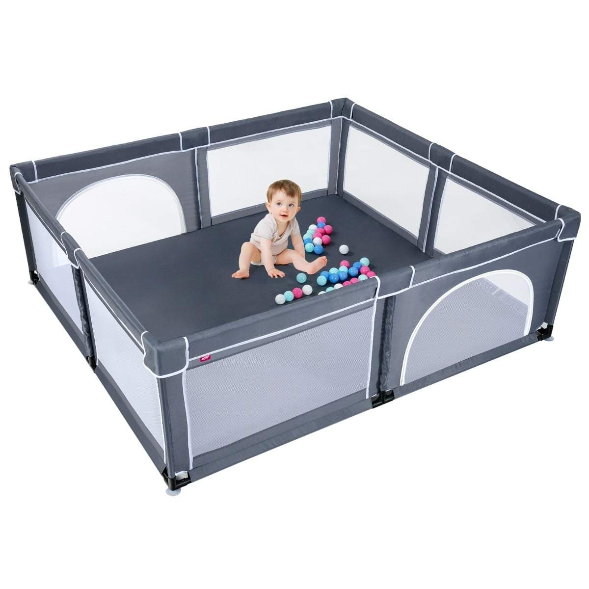Baby kravlegård med 50 bolde – mørkegrå, sikker og rummelig