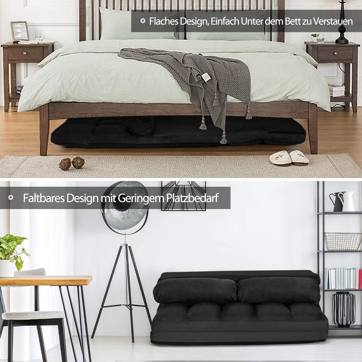 Konvertibel svart golvbäddsoffa – justerbart ryggstöd, 2 kuddar | Hem & Hobby | Pryloteket