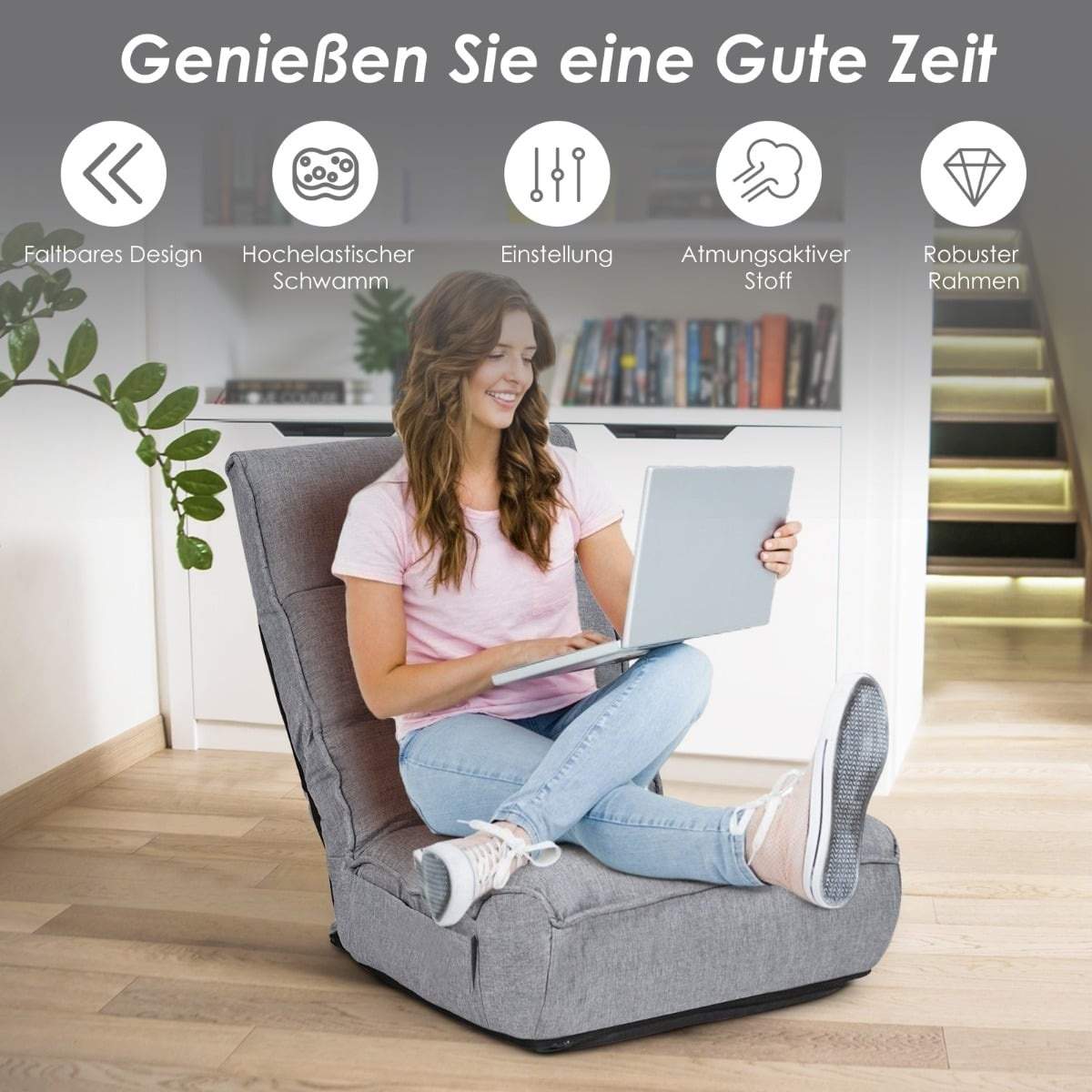 Justerbar gulvgaming-sofastol – grå, foldbar og behagelig