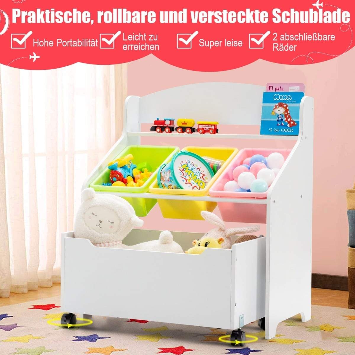 Børnelegetøjshylde med hjul – hvid, let tilgængelig opbevaring