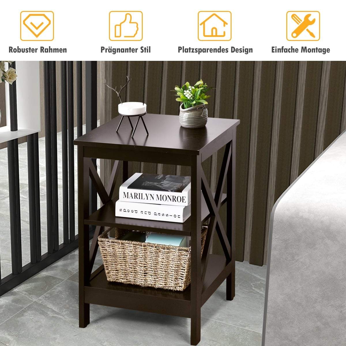 Firkantet sidebord med 3 niveauer – brunt, 40x40x61 cm