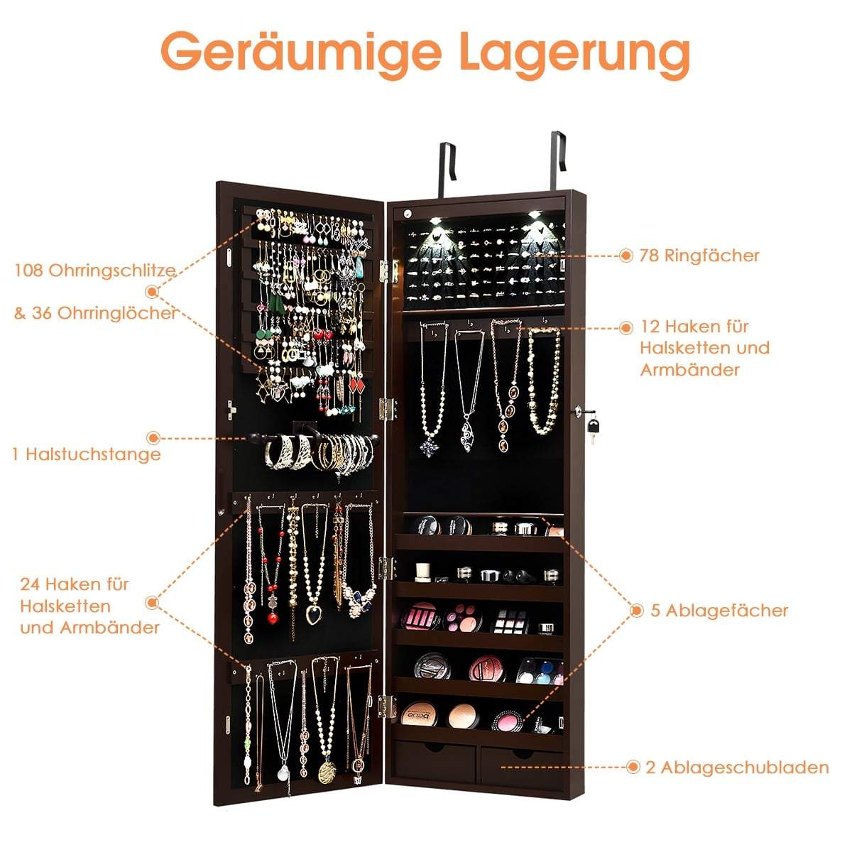 Låsbart LED-smykkeskab med spejl i fuld længde