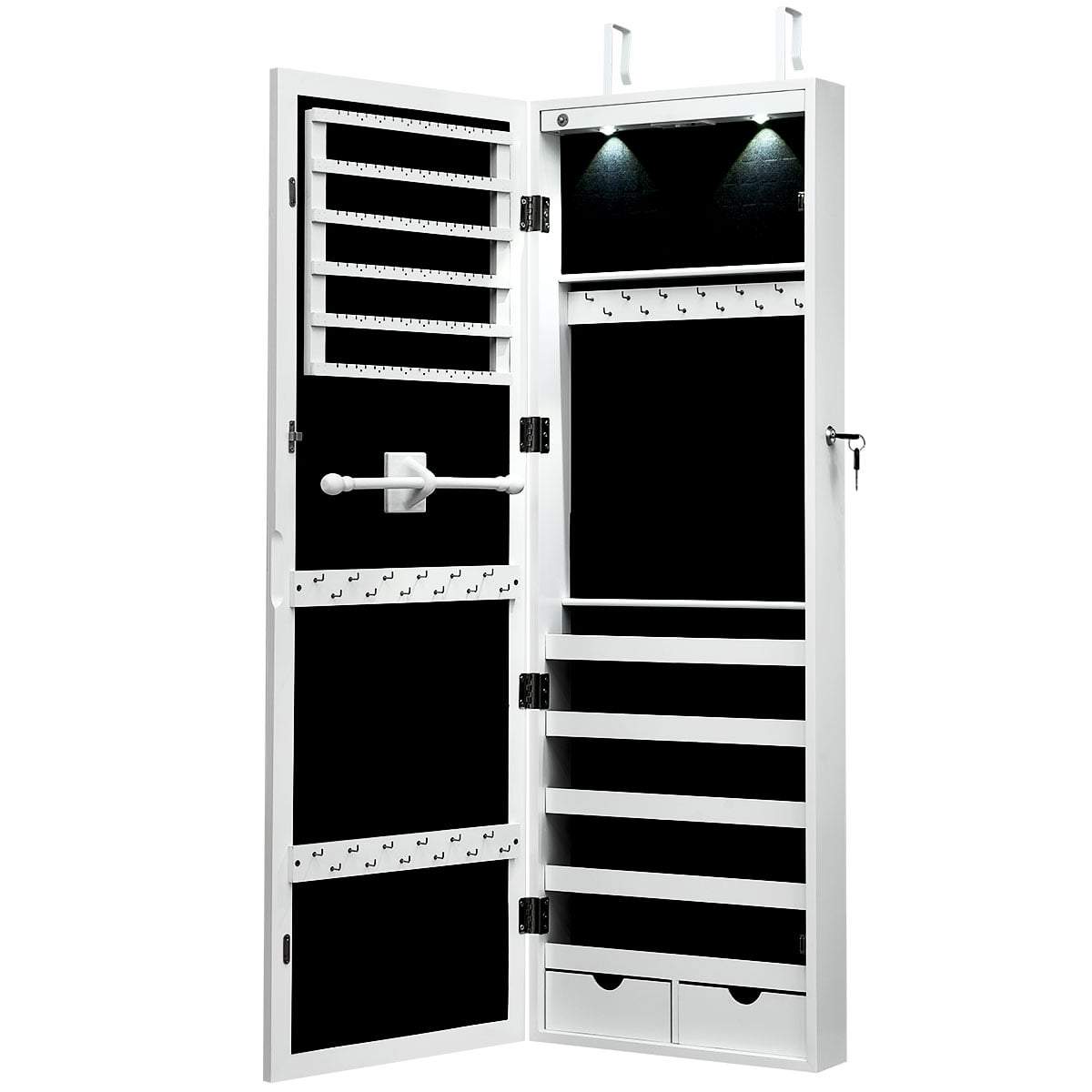 LED-smyckesskåp med spegel – vägg-/dörrmontering, vit | Hem & Hobby | Pryloteket