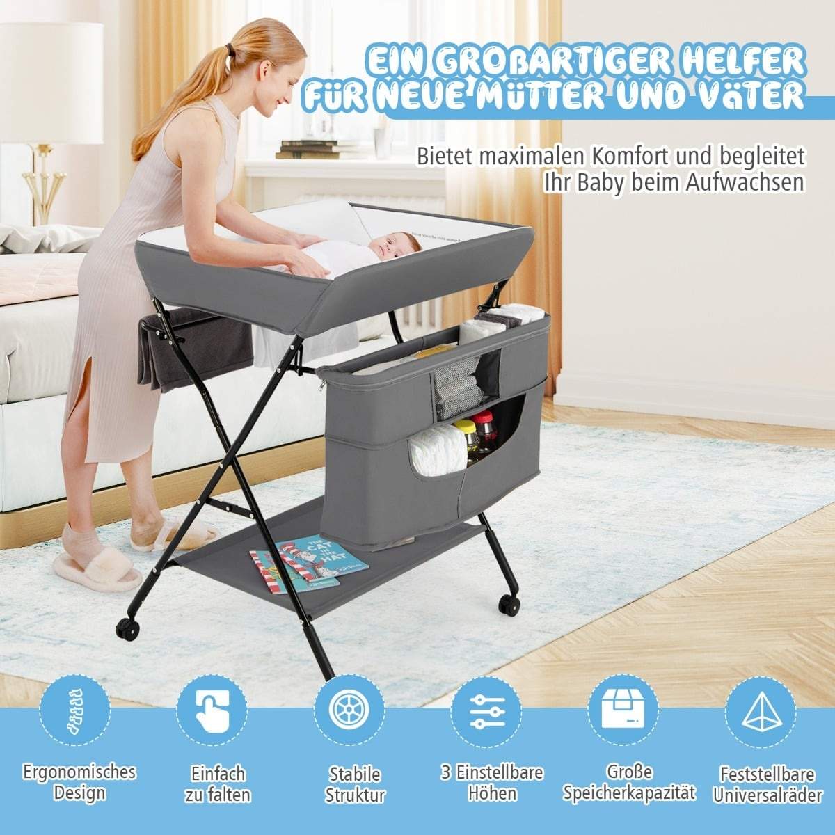 Sammenklappeligt puslebord med hjul – justerbar højde