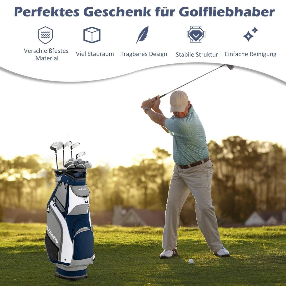 Let golftaske med 14 rumdelere – marineblå og grå