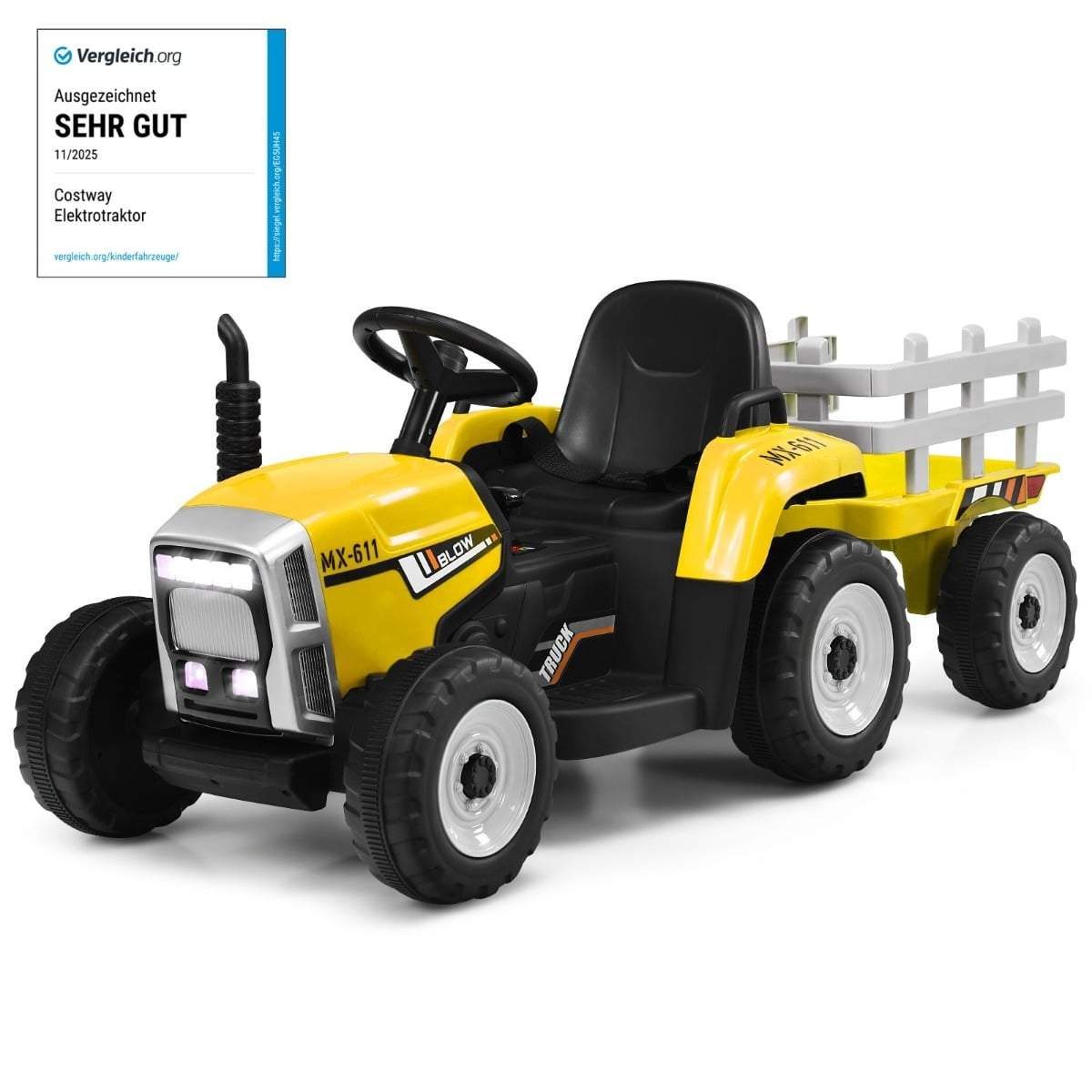 12V børnetraktor med anhænger – gul, fjernbetjening
