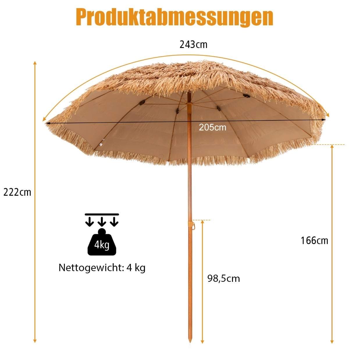 Hawaii Tiki strandparasol – 205 cm, dobbelt lag stråskærm